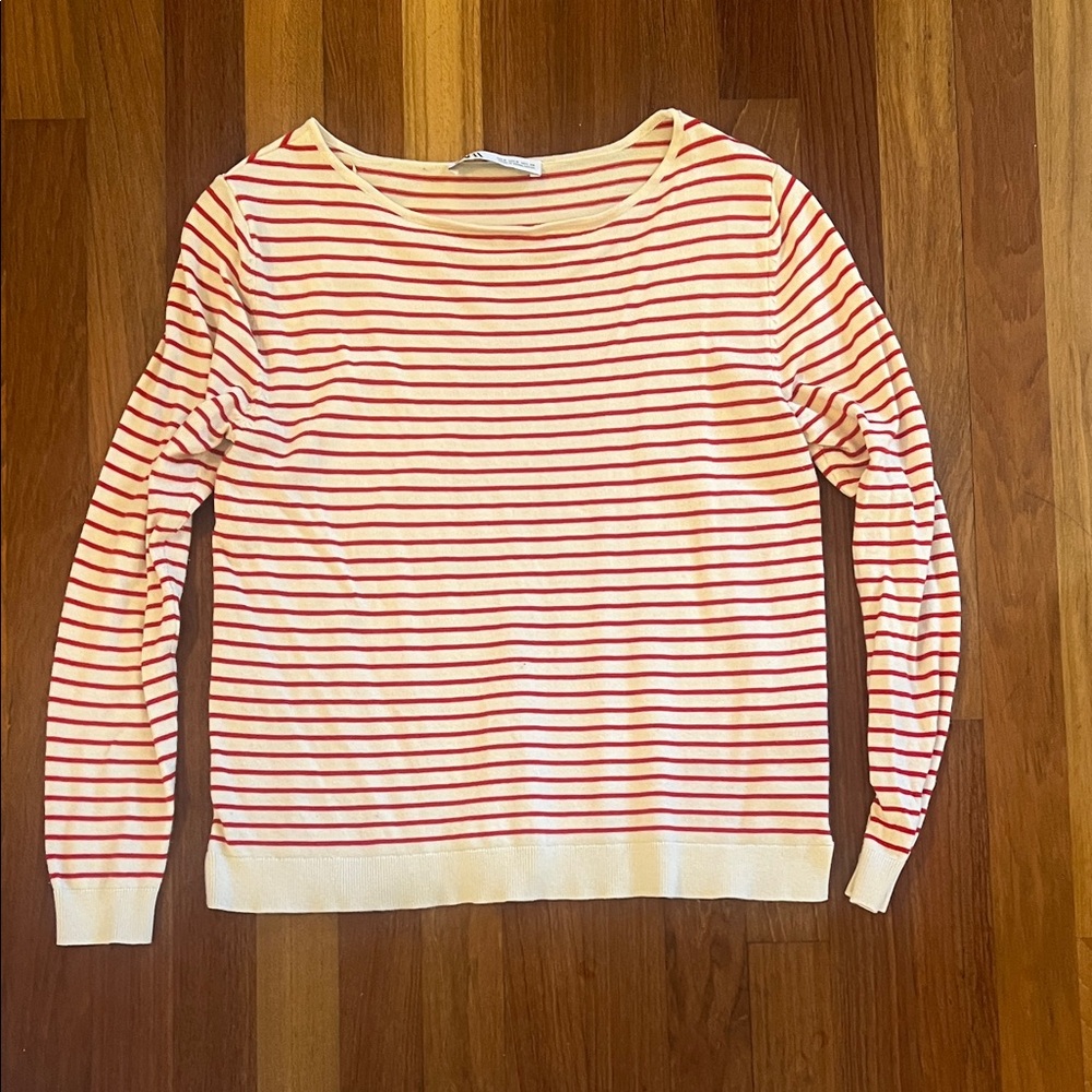 Zara Cream and Red Striped Knit Top